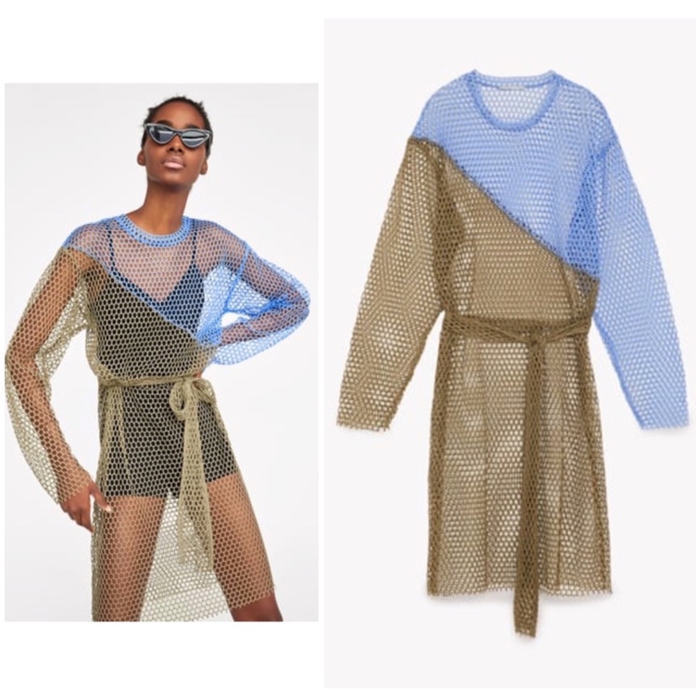 Zara 2 tones mesh dress , cover up with waist belt